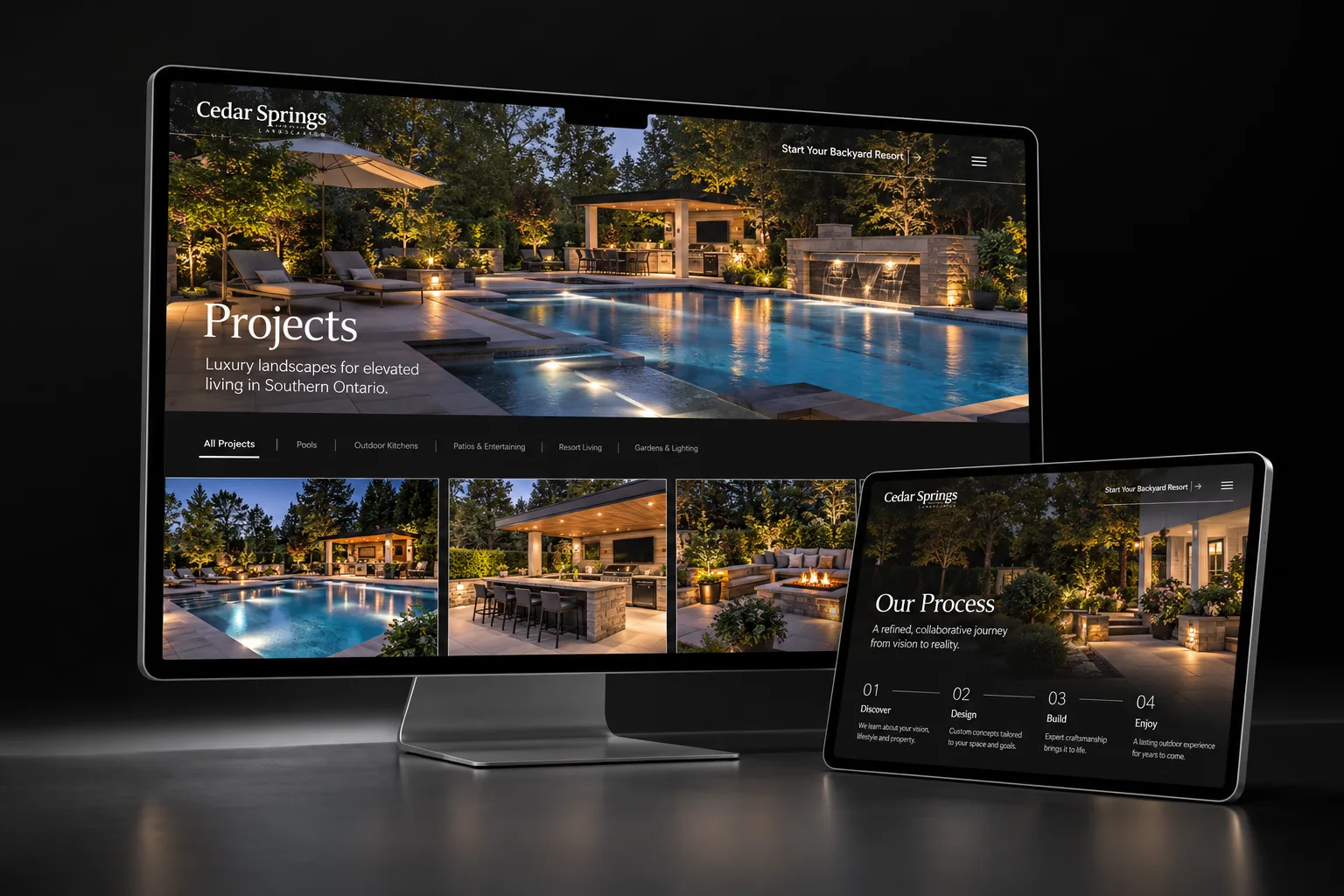 Cedar Springs Landscapes website shown in a results case-study mockup