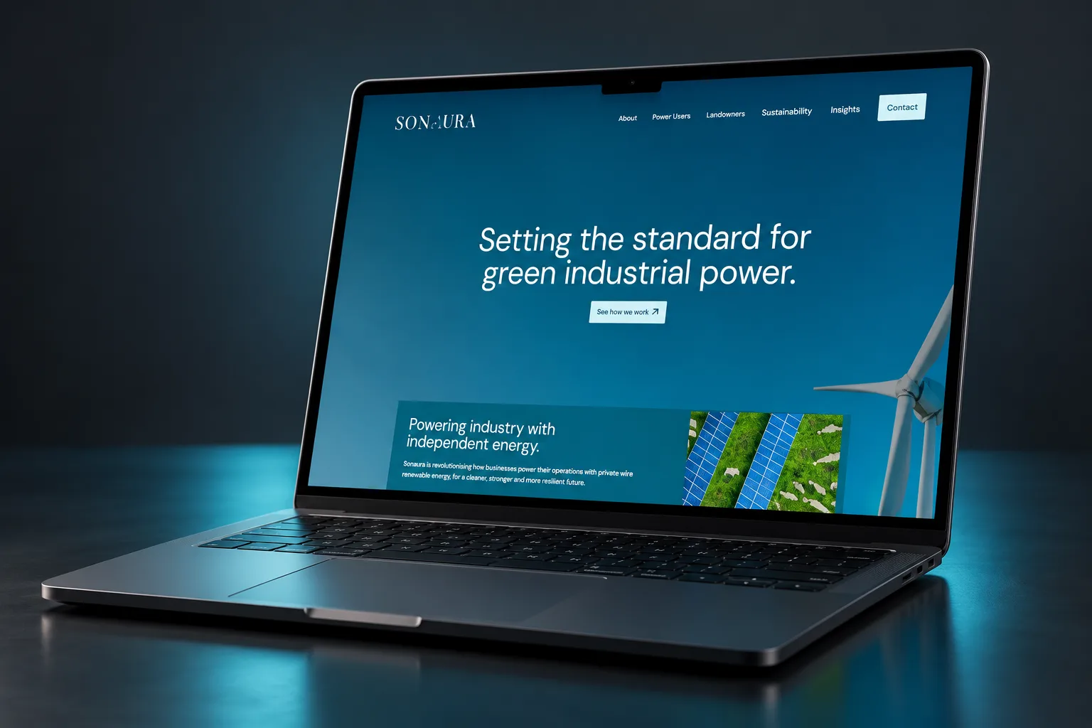 Sonaura Energy website shown in a laptop case-study mockup