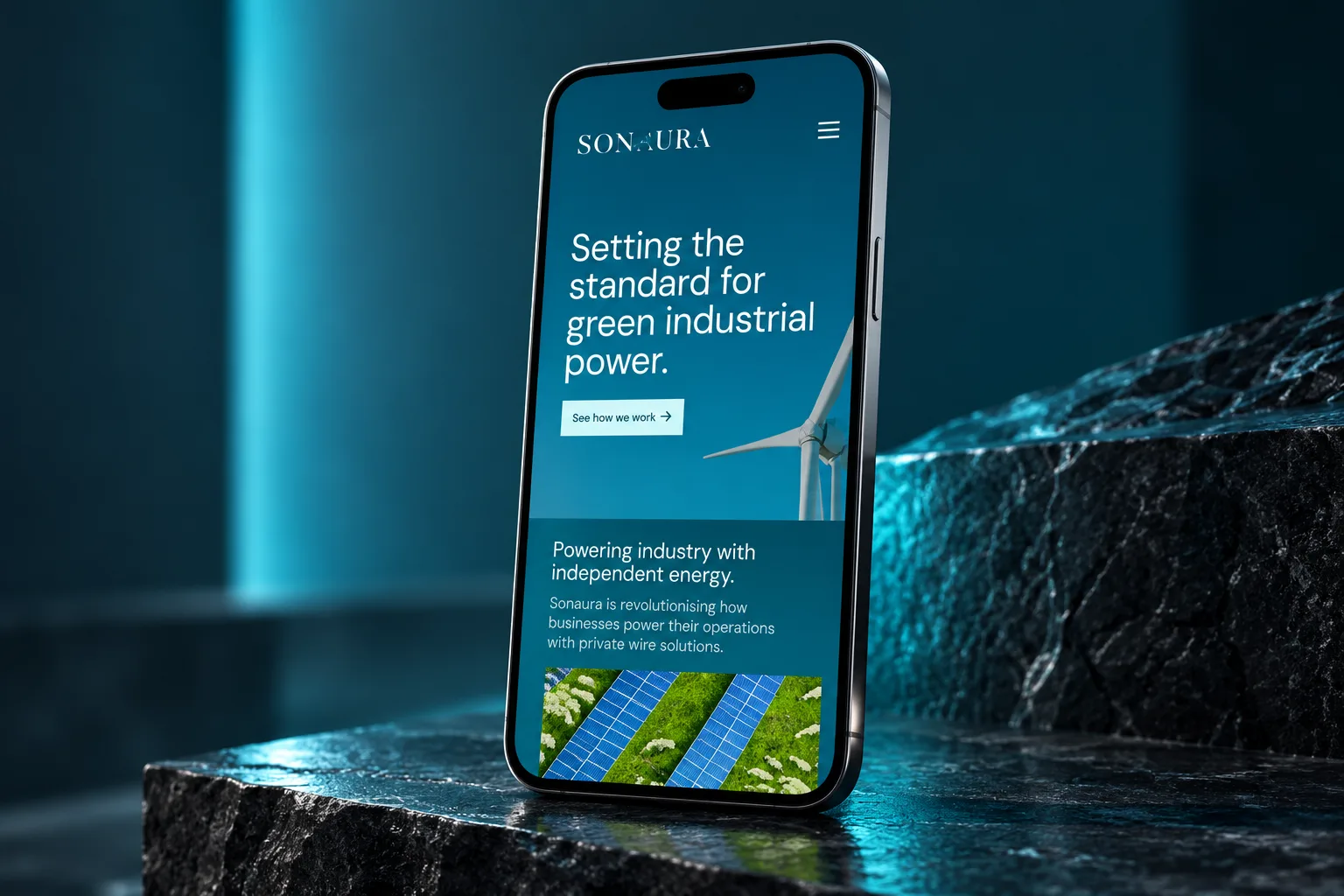 Sonaura Energy website shown in a mobile case-study mockup