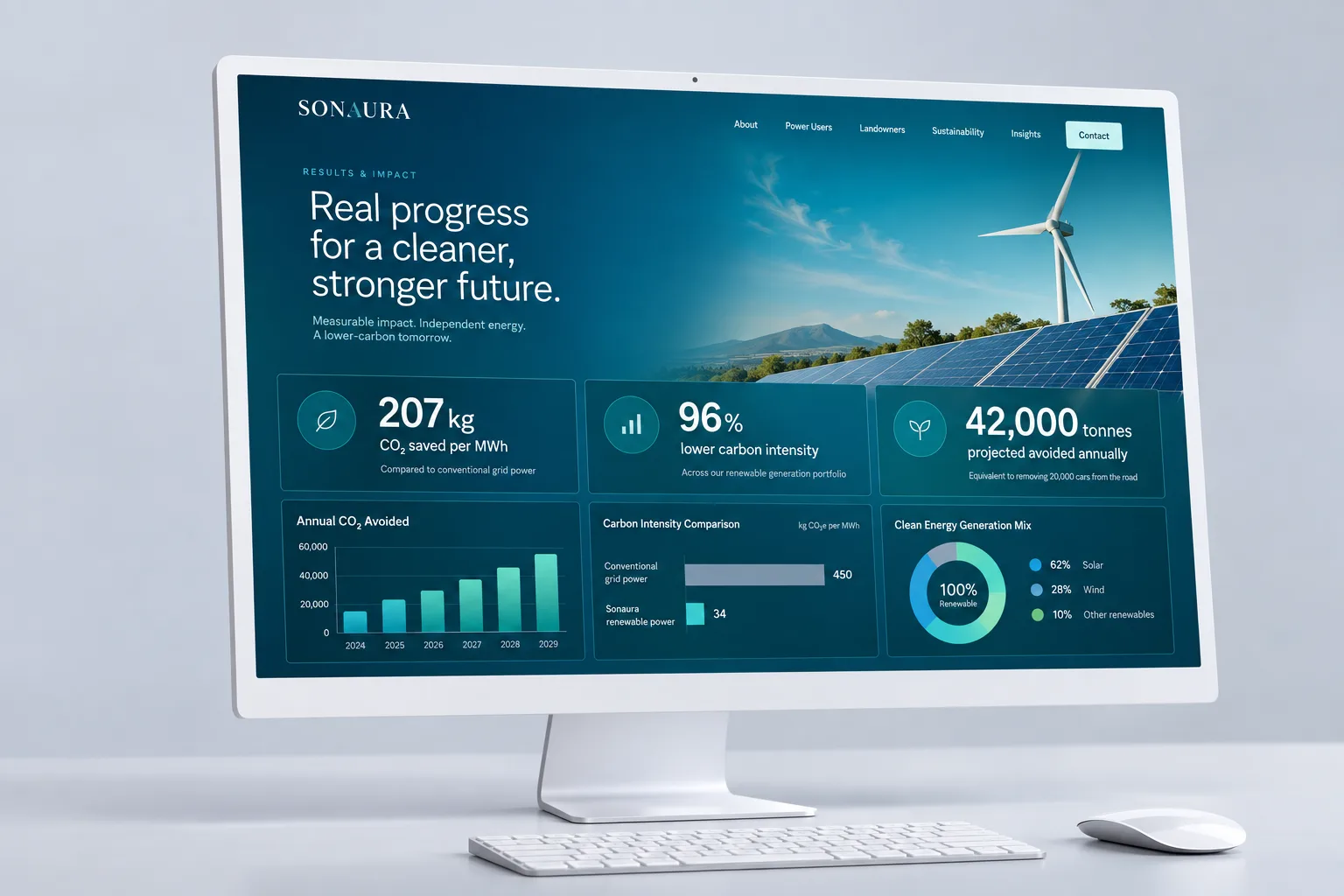 Sonaura Energy website shown in a results case-study mockup