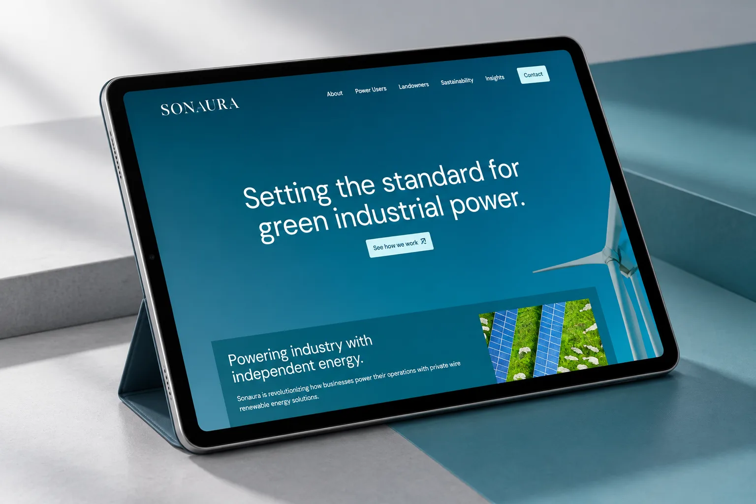 Sonaura Energy website shown in a tablet case-study mockup